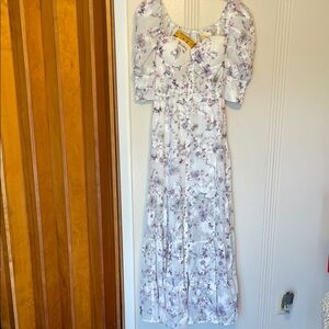 Floral Puff-Sleeve Maxi Dress - White with Lavender Print
